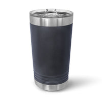 The Kodiak Coolers custom 16 oz pint glass, with laser-engraved logo, boasts double-walled insulation in black and stainless steel to keep drinks hot or cold. It features a clear slider lid and offers volume pricing without minimums.