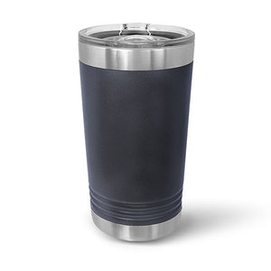 The Kodiak Coolers custom 16 oz pint glass, with laser-engraved logo, boasts double-walled insulation in black and stainless steel to keep drinks hot or cold. It features a clear slider lid and offers volume pricing without minimums.
