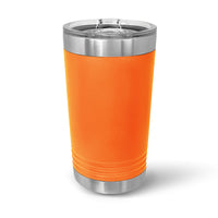 A Custom 16 oz pint glass by Kodiak Coolers is showcased against a plain white background, featuring laser-engraved designs and double-walled insulation with an orange exterior and a clear slider lid.
