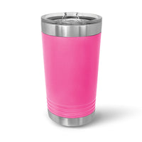 The stainless steel tumbler by Kodiak Coolers features double-walled insulation, a bright pink exterior, and a transparent slider lid, set against a white background.