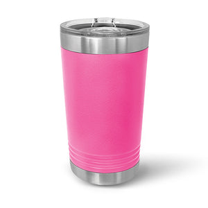 The stainless steel tumbler by Kodiak Coolers features double-walled insulation, a bright pink exterior, and a transparent slider lid, set against a white background.