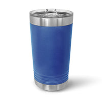 A blue and silver, 16 oz. insulated travel tumbler by Kodiak Coolers features a transparent slider lid and stands upright on a white background, highlighting its double-walled insulation.
