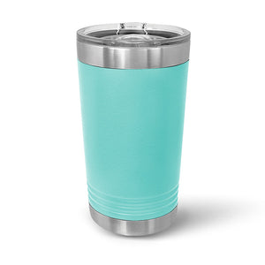 A turquoise Custom 16 oz Pint Glass by Kodiak Coolers with a stainless steel rim and slider lid, stylishly upright on a white background.