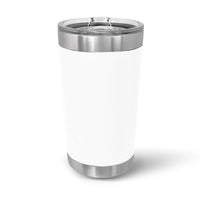 The Kodiak Coolers Custom 16 oz Pint Glass, laser engraved with a logo or design and featuring double-walled insulation and a slider lid, stands upright on a white background.