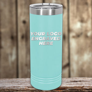 A blue Custom Skinny Tumbler 22 oz with your engraved logo or design, available at special bulk wholesale volume pricing by Kodiak Coolers.