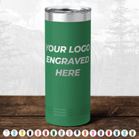 Kodiak Coolers' Custom Drinkware featuring your engraved logo or design is displayed on a wooden surface. The background showcases a monochromatic outdoor landscape sketch. Below, various available colors of the tumblers and personalized mugs are shown. Don't miss out on the HUGE LABOR DAY SALE – ENDS TODAY!