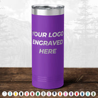 Purple insulated tumbler with "TODAY ONLY - Custom Logo Drinkware Sale - Your Logo Laser Engraved INCLUDED in Price - No Hidden Fee's" text, displayed on a wooden surface against a blurry forest background from Kodiak Coolers.