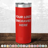 A red, stainless steel tumbler from Kodiak Coolers, featuring "Custom Drinkware Engraved with your Logo or Design - Front Side Logo Included - HUGE LABOR DAY SALE - ENDS TODAY!", stands on a wooden surface. It is ideal for personalized mugs, with color options displayed below it.