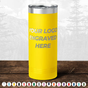 A yellow insulated tumbler from Kodiak Coolers, featuring "Your Logo Engraved Here" text on the front side, perfect as a logo promotional gift. Multiple color options are displayed at the bottom. Don't miss out—take advantage of our HUGE LABOR DAY SALE that ends today!
