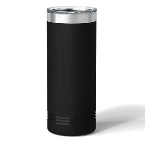 A sleek Kodiak Coolers black 22 oz insulated skinny tumbler with a clear lid and silver rim stands elegantly against a white background, ideal for logo engraving or taking advantage of volume pricing.