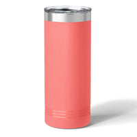 A 22 oz tall pink skinny tumbler by Kodiak Coolers, featuring a silver top and clear lid, elegantly sits on a white surface, ideal for displaying your laser-engraved logo.