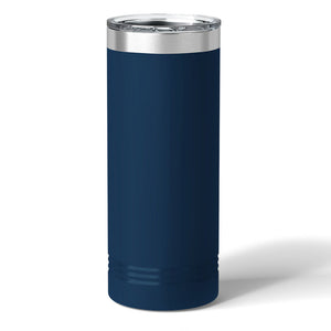 A tall, cylindrical navy blue Kodiak Coolers Custom 22 oz Skinny Tumbler with a laser-engraved logo, silver rim, and transparent lid is shown isolated against a white background.