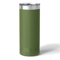 A tall Custom 22 oz Skinny Tumbler by Kodiak Coolers, in green with a laser-engraved logo and clear lid, stands upright on a plain white background.