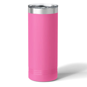 A 22 oz skinny pink insulated tumbler by Kodiak Coolers, featuring a stainless steel rim and clear plastic lid with a laser-engraved logo, set against a white background.