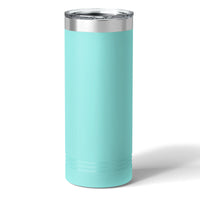 The Kodiak Coolers Custom 22 oz Skinny Tumbler, featuring a laser-engraved logo on its sleek turquoise design, includes a clear lid and silver rim.