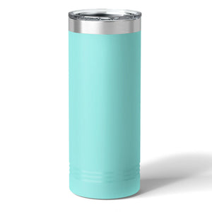 The Kodiak Coolers Custom 22 oz Skinny Tumbler, featuring a laser-engraved logo on its sleek turquoise design, includes a clear lid and silver rim.