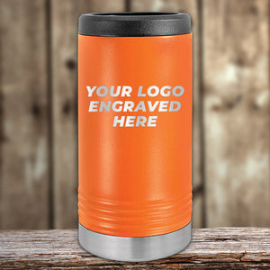 Orange Custom Slim Seltzer Can Holder with your Logo or Design Engraved - Low 6 Piece Order Minimal Sample Volume displayed on a wooden surface by Kodiak Coolers.