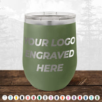 Kodiak Coolers NO MINIMAL ORDER 12 oz olive green stemless wine cup with silver lid, engraved with your logo or design. Great for custom or personalized mugs. Other color options shown below in small circles.