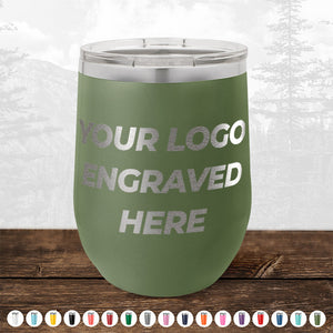 Kodiak Coolers NO MINIMAL ORDER 12 oz olive green stemless wine cup with silver lid, engraved with your logo or design. Great for custom or personalized mugs. Other color options shown below in small circles.
