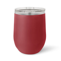 A red, insulated Kodiak Coolers stainless steel tumbler with a clear plastic lid sits on a white background, ideal for keeping drinks at the perfect temperature. Custom 12 oz wine cups feature laser engraving with no minimum order and volume pricing available.