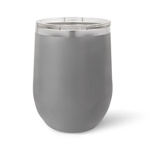 The Custom 12 oz Wine Cups by Kodiak Coolers feature a sleek gray insulated stainless steel design with a clear plastic lid, shown elegantly against a white background, perfect for maintaining beverage temperatures.