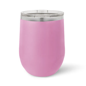 A pink, insulated stainless steel tumbler, featuring a transparent lid, showcased on a white background. Designed by Kodiak Coolers as custom 12 oz wine cups with logo or design laser engraved through the Live Designer platform—no minimum order required and available with volume pricing.