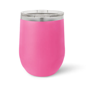 A pink, insulated stainless steel 12 oz Kodiak Coolers wine cup with clear lid, perfect for hot or cold drinks, is showcased on a white background.