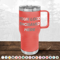 A red Kodiak Coolers travel mug with handle and clear lid, engraved with "YOUR LOGO ENGRAVED HERE"—ideal as a promotional gift. BLACK FRIDAY SALE: Custom drinkware, 1 side logo included, no setup fee. Various color icons shown below.
