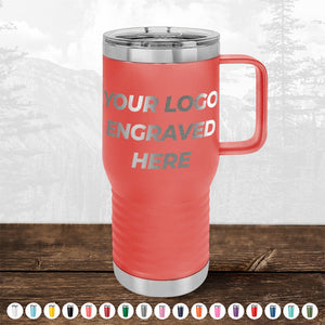 A red Kodiak Coolers travel mug with handle and clear lid, engraved with "YOUR LOGO ENGRAVED HERE"—ideal as a promotional gift. BLACK FRIDAY SALE: Custom drinkware, 1 side logo included, no setup fee. Various color icons shown below.