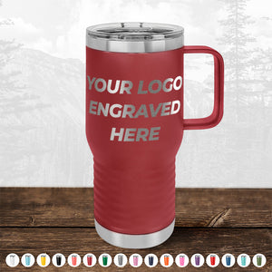 BLACK FRIDAY SALE: Kodiak Coolers custom drinkware, engraved with your logo (1 side included, no setup fee). Features a red insulated travel mug with handle and clear lid; other color options available—ideal personalized promotional gift.