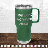 A green Kodiak Coolers travel mug with handle and clear lid sits on wood. "YOUR LOGO ENGRAVED HERE" is displayed. Perfect for promos, this Black Friday sale drinkware comes personalized in various colors—no setup fee, logo included.