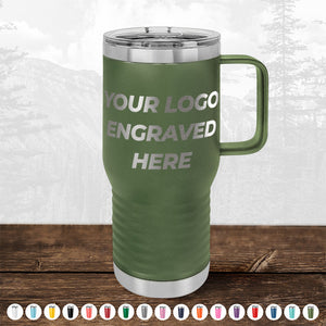 Kodiak Coolers BLACK FRIDAY SALE: Custom green travel mug with handle, clear lid, and your logo engraved—perfect as a personalized or promotional gift. No setup fee, 1-side logo included; multiple colors shown below.