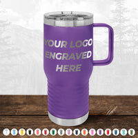 A Kodiak Coolers travel mug, engraved with "YOUR LOGO ENGRAVED HERE," sits on wood before a mountain view. BLACK FRIDAY SALE: Custom drinkware, various colors, no setup fee—1 side logo included. Perfect promo gift!.