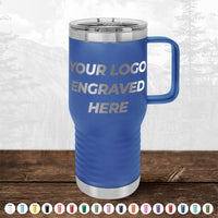 A Kodiak Coolers BLACK FRIDAY SALE travel tumbler with a handle, engraved with "Your Logo," sits on wood before mountain scenery. Custom drinkware—1 side logo included, no setup fee. Ideal as personalized mugs or a promotional gift; more colors below.