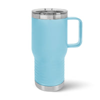 The Kodiak Coolers Custom 20 oz Travel Tumbler features a light blue insulated design with a handle and clear lid, accented by stainless steel. Perfect for on-the-go use, it combines style and function seamlessly while offering logo engraving and volume pricing.