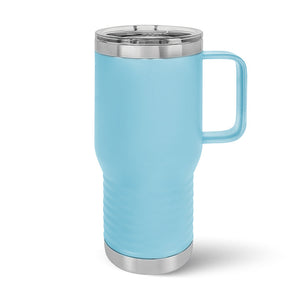 The Kodiak Coolers Custom 20 oz Travel Tumbler features a light blue insulated design with a handle and clear lid, accented by stainless steel. Perfect for on-the-go use, it combines style and function seamlessly while offering logo engraving and volume pricing.