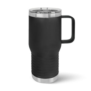 The Custom 20 oz Travel Tumbler by Kodiak Coolers features a black design with a handle, stainless steel accents, and a clear lid, offering sophistication and the option for a laser-engraved logo or design.