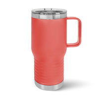 A red insulated Kodiak Coolers travel mug with a handle, silver accents, and a transparent lid is elegantly displayed on a white backdrop. This 20 oz stainless steel tumbler can feature your logo or design laser-engraved for personalization.