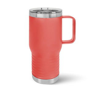 A red insulated Kodiak Coolers travel mug with a handle, silver accents, and a transparent lid is elegantly displayed on a white backdrop. This 20 oz stainless steel tumbler can feature your logo or design laser-engraved for personalization.