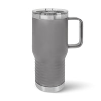 The Kodiak Coolers Custom 20 oz Travel Tumbler features a tall, gray stainless steel design with a handle, transparent lid, textured grip, and sleek accents. Enhance personalization with laser-engraved details using the Live Designer. Enjoy no minimum orders and volume pricing.