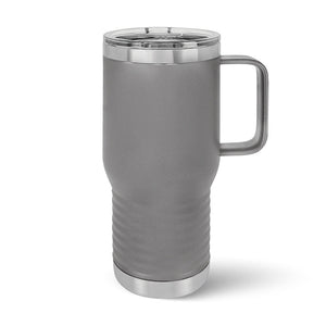 The Kodiak Coolers Custom 20 oz Travel Tumbler features a tall, gray stainless steel design with a handle, transparent lid, textured grip, and sleek accents. Enhance personalization with laser-engraved details using the Live Designer. Enjoy no minimum orders and volume pricing.