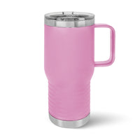 The Kodiak Coolers Custom 20 oz pink insulated travel tumbler features a handle and clear lid, designed in durable stainless steel, and stands upright on a white background.