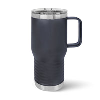 The Kodiak Coolers Custom 20 oz Travel Tumbler showcases a laser-engraved design. This sleek black, stainless steel insulated mug with lid and handle offers style and durability for your on-the-go needs, all set against a white background.