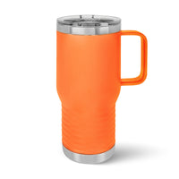 The Kodiak Coolers Custom 20 oz Travel Tumbler, featuring an orange insulated design with a handle and clear lid, is displayed on a white background. Ideal for those seeking custom tumblers, it includes a laser-engraved logo or design for added personalization.