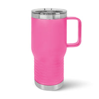 A pink 20 oz travel mug with a handle and transparent lid, featuring a metallic base and ribbed lower section, highlights the elegance of Kodiak Coolers' custom laser-engraved stainless steel tumblers against a white background.