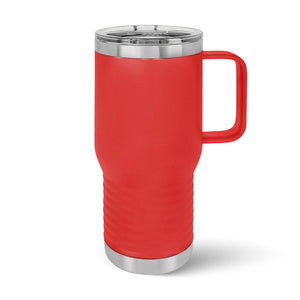 The Kodiak Coolers 20 oz Custom Travel Tumblers feature a red design with a transparent lid, handle, ribbed grip, and stainless steel accents. Ideal for customization with laser engraving, they're perfect for those seeking personalized tumblers.