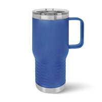 Kodiak Coolers' Custom 20 oz Travel Tumblers feature a tall blue stainless steel design with metallic accents, a handle, and a transparent lid. Ideal for travel, these insulated mugs can be laser-engraved with your logo or design for personalization. No minimum order is required, and volume pricing is available.