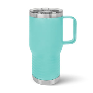 Kodiak Coolers' teal, insulated 20 oz travel tumbler features a handle, stainless steel accents, and a clear plastic lid. This custom mug combines style and practicality for any journey with laser engraving options and no minimum order required.
