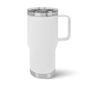 The sleek white Custom 20 oz Travel Tumbler by Kodiak Coolers features a handy handle and clear lid. Made from durable stainless steel, it ensures excellent insulation. Personalize it with your logo or design using our laser engraving for a unique on-the-go companion.