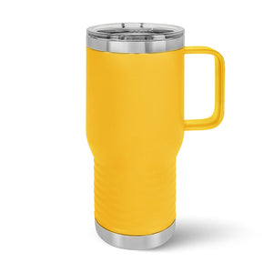 The Kodiak Coolers Custom 20 oz Travel Tumblers feature a yellow design with a handle, transparent lid, and sleek stainless steel base. Ideal for custom laser-engraving, they offer both style and function.